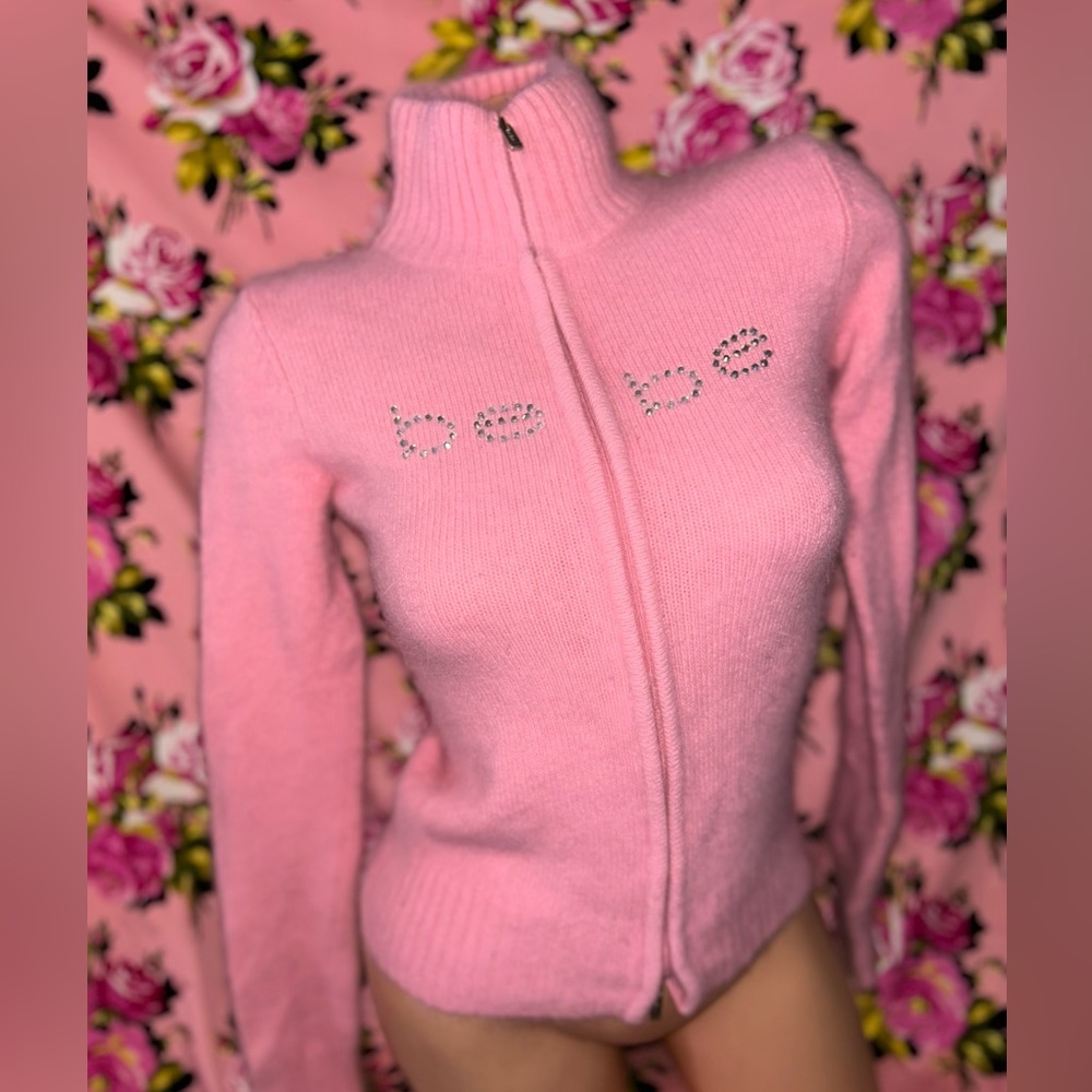Bebe Barbie pink fuzzy soft bunny cardigan sweater crystal rhinestone y2k jacket